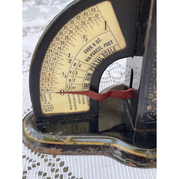 Antique 1910 Gem Postal Scale Tin Black Toleware Flowers - Picture 2 of 12